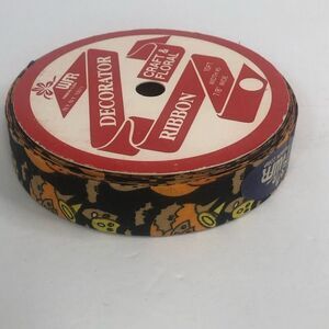 vintage halloween novelty ribbon bats masks moon orange 1 in wide 10 feet